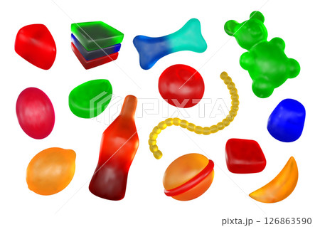 Gummy candy. 3d jelly sweets, cola bottle or fruit soft bubble gum. Cute lollipop sticker, children sugar animals. Gelatin dessert. Marmalade bears. Vector confectionery isolated set 126863590