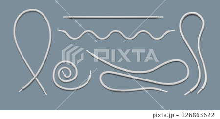 Shoe lace. White shoelace string. 3D sneaker rope or boots round cord. Realistic sport tie. Line shape fashion symbol. Footgear isolated accessory. Vector footwear lacing mockups set 126863622