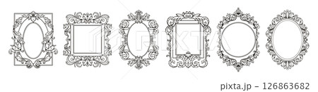 Mirror frame. Antique gothic ornate, victorian ornament or oval floral decoration. Fantasy dark silhouette. Elegant hand drawn sketch graphic. Engraved style decoration. Vector design 126863682