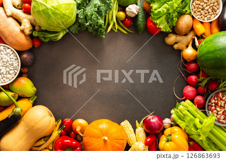 A frame of ripe fresh organic seasonal vegetables from an autumn farm harvest, organic seasonal vegetables A frame of ripe fresh organic seasonal vegetables from an autumn farm harvest, organic seasonal vegetables 126863693