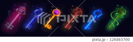 Key chain. Keychain ring, metal or silver keyring for car or house fob. Pendant, tag holder, circle or round. Magic game elements with gemstones. Glowing render objects. Vector mockup 126863700