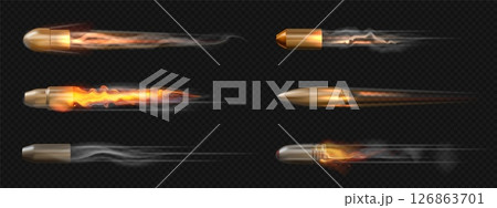 Flying bullet. Gun shot fire. Pistol ammunition trail effect. 3D realistic handgun shoot. Ballistic trajectory flight motion. Gunpowder combustion trace. Vector isolated rifle hits set 126863701