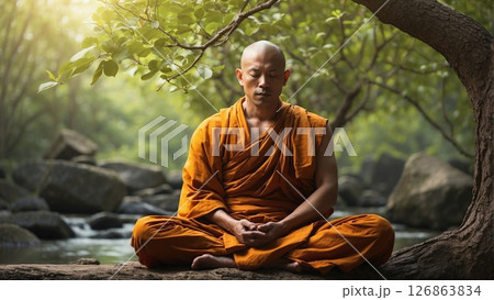 Buddhist monk meditating in lush forest, calm expression, morning mist, peaceful energy, natural setting, spiritual serenity 126863834