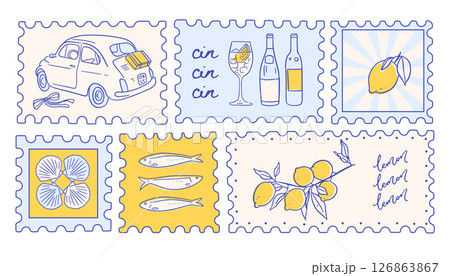 Vintage Italian postcard stamps set, wall art vector grunge travel marks, summer engraving placard or poster. Retro frame or border element design, elegant scenes of amalfi badge with lemons. Vector Vintage Italian postcard stamps set, wall art vector grunge travel marks, summer engraving placard or poster. Retro frame or border element design, elegant scenes of amalfi badge with lemons. Vector 126863867