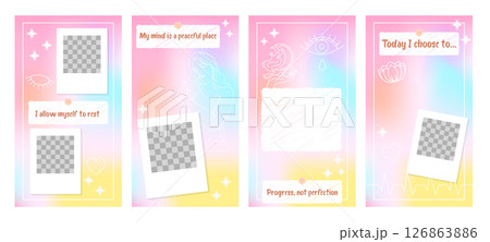 Set of four pastel Instagram story templates with self-care affirmations, photo placeholders, linear illustrations and decorative elements. Vector editable layout for mental health content. 126863886