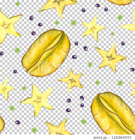 Whole starfruit with slices, black seeds and abstract yellow juice circles watercolor seamless pattern. Tropical and refreshing fruits illustration for food packaging, summer collection, textile 126864055