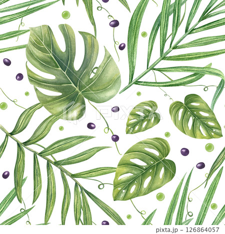 Monstera and areca palm leaves, with black seeds and green beads seamless watercolor pattern isolated background. Hand painted tropical foliage for botanical design, textile prints, home decor Monstera and areca palm leaves, with black seeds and green beads seamless watercolor pattern isolated background. Hand painted tropical foliage for botanical design, textile prints, home decor 126864057