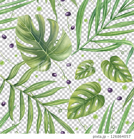 Monstera and areca palm leaves, with black seeds and green beads seamless watercolor pattern isolated background. Hand painted tropical foliage for botanical design, textile prints, home decor Monstera and areca palm leaves, with black seeds and green beads seamless watercolor pattern isolated background. Hand painted tropical foliage for botanical design, textile prints, home decor 126864057
