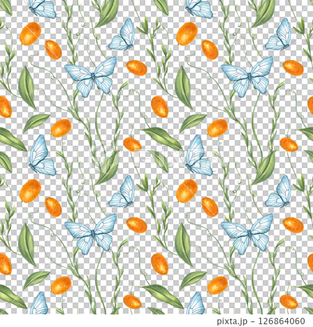 Whimsical seamless watercolor pattern with blue butterflies flying among curling vines and orange kumquats. Tropical ornate isolated background. For summer textile design, wallpaper, packaging Whimsical seamless watercolor pattern with blue butterflies flying among curling vines and orange kumquats. Tropical ornate isolated background. For summer textile design, wallpaper, packaging 126864060