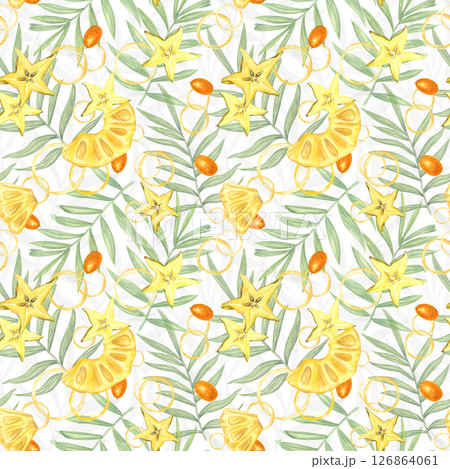 Seamless watercolor pattern with pineapple slices, starfruit and kumquat among tropical leaves. Bright, juicy and exotic illustration isolated background. For decor, textile design and summer branding 126864061