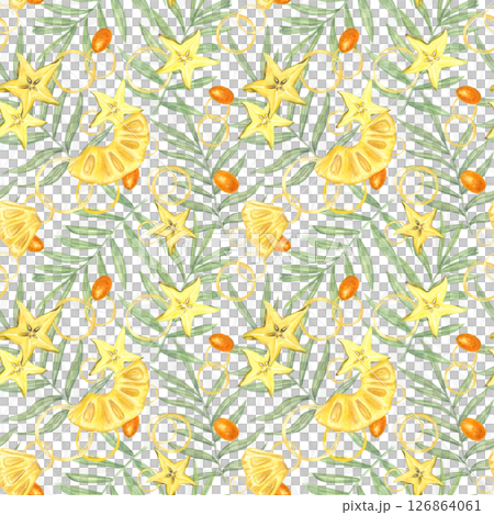 Seamless watercolor pattern with pineapple slices, starfruit and kumquat among tropical leaves. Bright, juicy and exotic illustration isolated background. For decor, textile design and summer branding 126864061