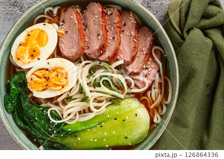 ramen soup with duck and noodles, with eggs and bok choy, homemade, no people, 126864336