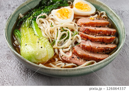 ramen soup with duck and noodles, with eggs and bok choy, homemade, no people, ramen soup with duck and noodles, with eggs and bok choy, homemade, no people, 126864337
