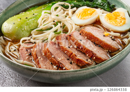 ramen soup with duck and noodles, with eggs and bok choy, homemade, no people, 126864338