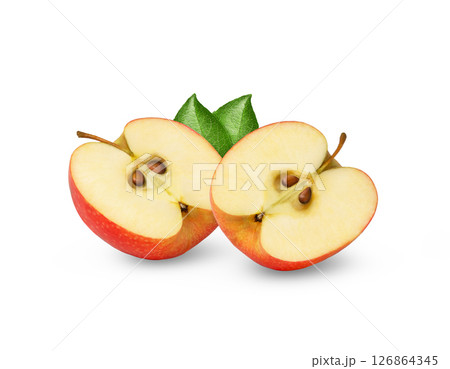 Two halved red apples with leaves isolated. Red apple cut in half isolated. 126864345