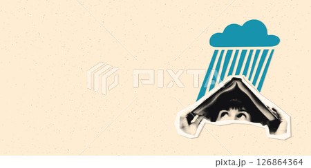 Surreal halftone art collage banner template with woman sheltering under open book like a roof while blue cloud rains down. Cut out paper clipping shapes. Modern retro vector illustration Surreal halftone art collage banner template with woman sheltering under open book like a roof while blue cloud rains down. Cut out paper clipping shapes. Modern retro vector illustration 126864364