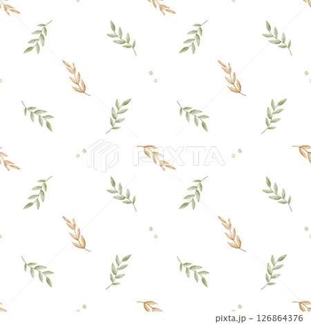 Watercolor pattern leaves, branches, grass pastel beige green color. Hand drawn illustration on transparent background in children's style. Seamless print, fabric, newborn clothes, packaging wallpaper 126864376
