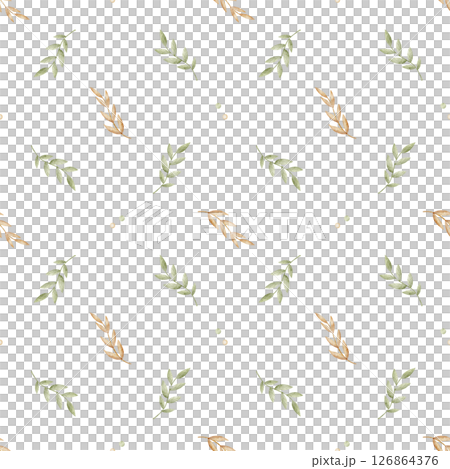 Watercolor pattern leaves, branches, grass pastel beige green color. Hand drawn illustration on transparent background in children's style. Seamless print, fabric, newborn clothes, packaging wallpaper Watercolor pattern leaves, branches, grass pastel beige green color. Hand drawn illustration on transparent background in children's style. Seamless print, fabric, newborn clothes, packaging wallpaper 126864376
