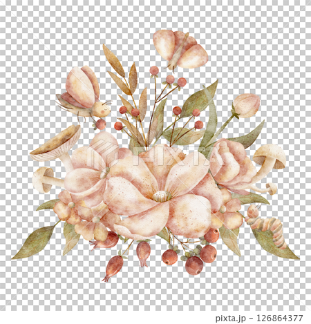 Watercolor illustration autumn bouquet flowers, leaves, mushrooms, berries, insects moth butterfly caterpillar. Harvest hand drawn on isolated background for design cards poster holiday clothes dishes Watercolor illustration autumn bouquet flowers, leaves, mushrooms, berries, insects moth butterfly caterpillar. Harvest hand drawn on isolated background for design cards poster holiday clothes dishes 126864377