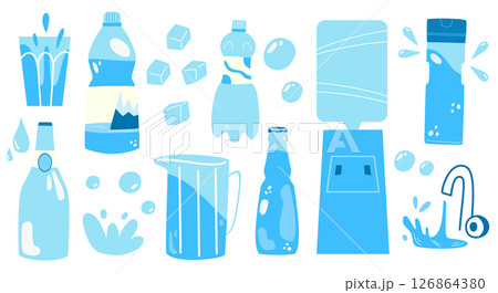 Drink more water. Various bottles, glass, flask, splashing, ice. Hand drawn illustration of water. Drink more water. Various bottles, glass, flask, splashing, ice. Hand drawn illustration of water. 126864380