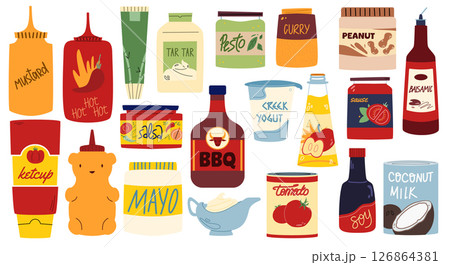 Cartoon set of sauces and dressings. Mayonnaise, barbecue, ketchup,mustard, soy sauce, tartar, curry. Various bottles and cans of sauces. Cartoon set of sauces and dressings. Mayonnaise, barbecue, ketchup,mustard, soy sauce, tartar, curry. Various bottles and cans of sauces. 126864381