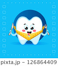 Cute Hungry Tooth Character with Bib on Blue Background 126864409