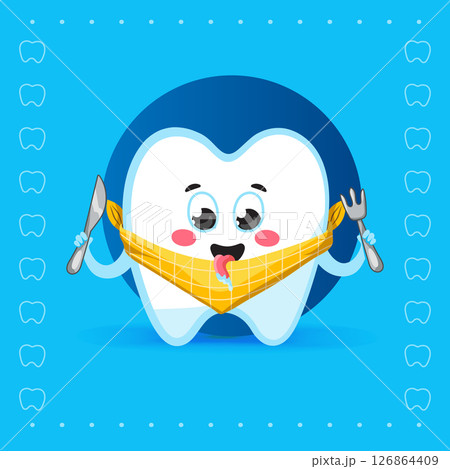 Cute Hungry Tooth Character with Bib on Blue Background Cute Hungry Tooth Character with Bib on Blue Background 126864409