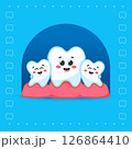 Three Cute Tooth Characters Hugging on Blue Background 126864410