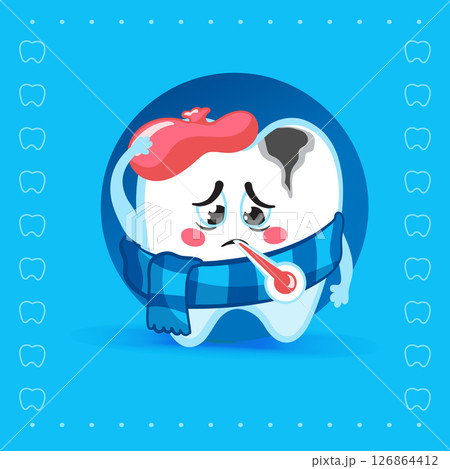 Cute Sick Tooth Character with Scarf and Thermometer 126864412