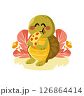 Cute Turtle Mascot Eating Pizza with Plants 126864414