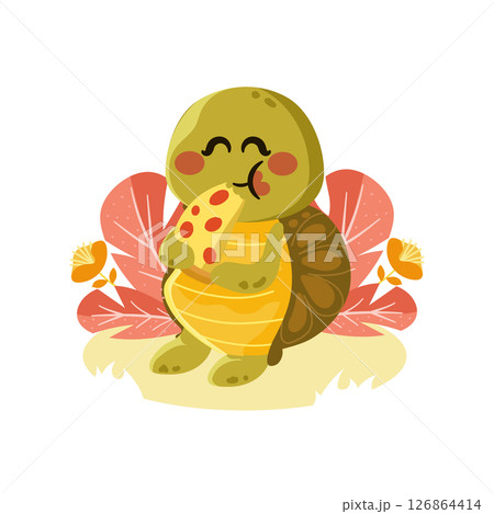 Cute Turtle Mascot Eating Pizza with Plants 126864414