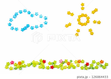 background. summer composition with beads on white isolated background. drawing summer background. summer composition with beads on white isolated background. drawing summer 126864433