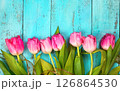 tulips on a blue background. the photo is stylized into a drawing 126864530