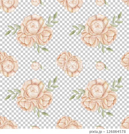 Seamless pattern flowers peach color, peonies, roses with leaves. Watercolor illustrations hand-drawn in a children's style on a white background for textiles, fabrics, packaging, clothes, postcards 126864578