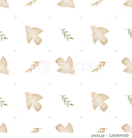 Watercolor baby pattern bird flying, leaves, branches, pastel beige green color. Hand drawn illustration stylized on transparent background. Seamless print, fabric, newborn clothes packaging wallpaper 126864580