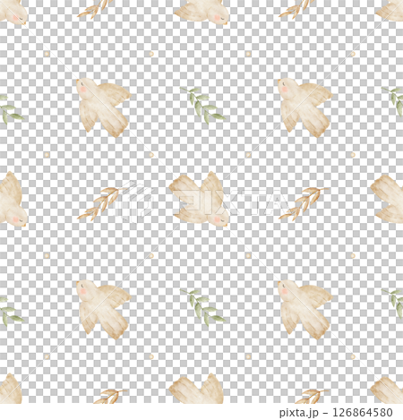 Watercolor baby pattern bird flying, leaves, branches, pastel beige green color. Hand drawn illustration stylized on transparent background. Seamless print, fabric, newborn clothes packaging wallpaper 126864580