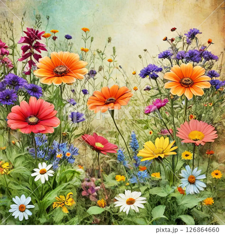 Colorful wildflowers blooming in a lush summer garden, featuring various flowers in full bloom Colorful wildflowers blooming in a lush summer garden, featuring various flowers in full bloom 126864660