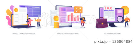 Payroll, Budgeting, Tax Prep abstract concept vector illustrations. 126864884