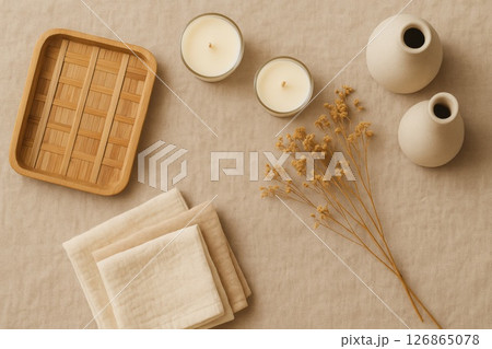 Minimalist eco-friendly flat lay with candles, dried flowers, ceramic vases, bamboo tray and linen cloths in warm neutral tones. The image promotes sustainability, calm living and natural aesthetics 126865078