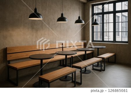 Industrial-style coffee corner with wooden benches, round black tables and pendant lights in a minimalist setting. The image expresses contemporary design, urban calm and functional simplicity 126865081