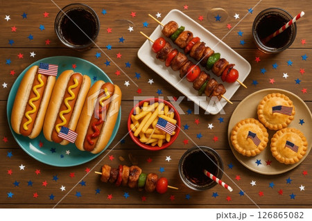 Festive table with hot dogs, kebabs, fries and mini pies decorated with American flags on a wooden surface. This image represents patriotic celebration, outdoor feast and summer holiday tradition 126865082
