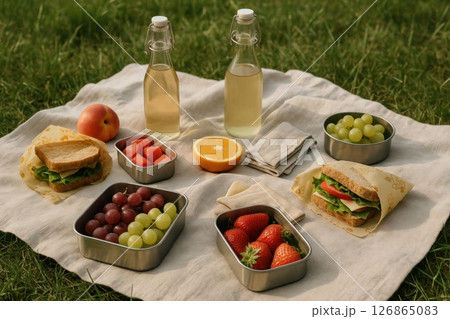 Outdoor picnic setup with sandwiches, fruit, and glass bottles on a reusable cloth in the grass. This image conveys eco-conscious dining, zero waste lifestyle and healthy summer eating 126865083