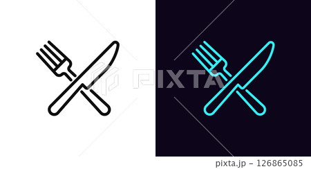 Outline knife and fork icon, with editable stroke. Cross with knife and fork, kitchen icon. Food cooking, restaurant, chef kitchen, ready food menu, meal and snack time, cutlery. Vector icon 126865085