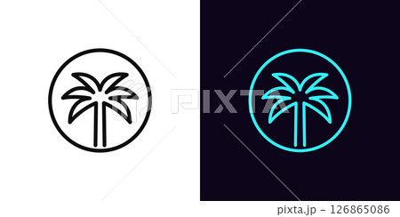 Outline palm tree icon, round logo with editable stroke. Coconut palm tree inside circle, tropical oasis icon. Exotic palm island, tropical paradise, summer holiday and vacation, resort. Vector icon 126865086