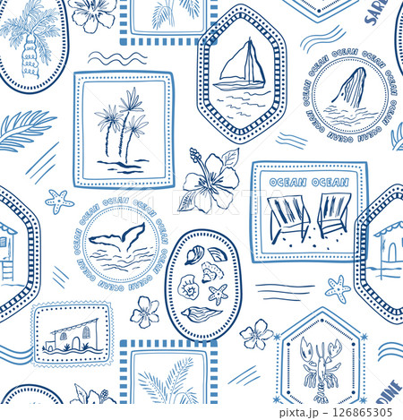 Blue summer vacation seamless pattern. Vector sea travel stamps wallpaper. Sailboat, beach house, ocean vibes. Blue summer vacation seamless pattern. Vector sea travel stamps wallpaper. Sailboat, beach house, ocean vibes. 126865305