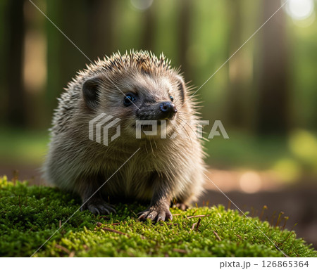 Adorable hedgehog standing on a lush green mossy surface in a sunlit forest 126865364