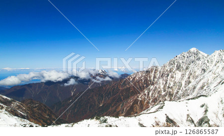 空撮 剱岳雪景色と青い日本海 空撮 立山室堂平雪景色エンマ台展望台から剱岳を見る 空撮 剱岳雪景色と青い日本海 空撮 立山室堂平雪景色エンマ台展望台から剱岳を見る 126865587