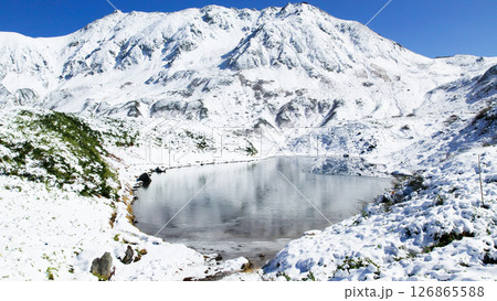 空撮　立山室堂平雪景色薄氷のミクリガ池と立山連峰 126865588