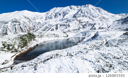 空撮 立山室堂平雪景色薄氷のミクリガ池と立山連峰 空撮 立山室堂平雪景色薄氷のミクリガ池と立山連峰 126865593