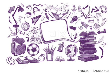 Welcome Back to school horizontal banner, doodle on checkered paper background, vector illustration. Drawing with a blue pen on a notebook sheet . Handmade, not AI Vector illustration Welcome Back to school horizontal banner, doodle on checkered paper background, vector illustration. Drawing with a blue pen on a notebook sheet . Handmade, not AI Vector illustration 126865598